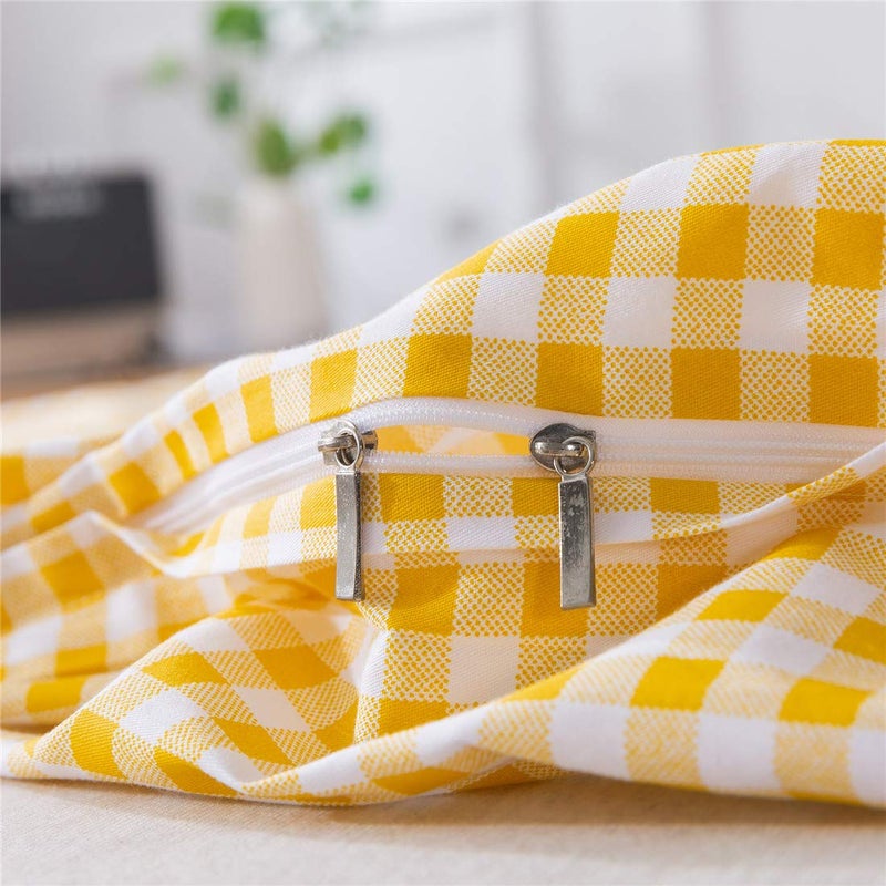 FADFAY Yellow Plaid Duvet Cover Set Queen 100% Cotton Ultra Soft Grid Bedding Reversible Gingham Geometric Checker Bedding Set with Zipper Closure 3Pcs, 1Duvet Cover + 2Pillowcases, Queen Size - Image 3